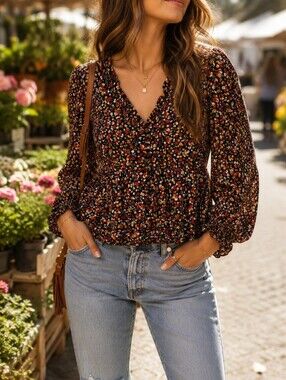 NWT Apricot Black Floral Peplum Blouse Red Yellow Ditsy Flowers Romantic Boho